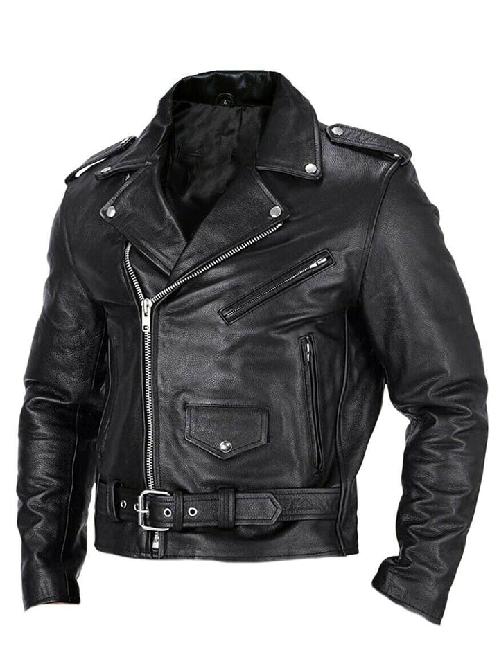 Slim Fit Skórzana Męska Kurtka Motocyklowa z Stojącym Kołnierzem - Ryder-Czarny-XS-Trend Polska