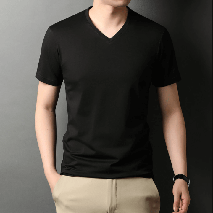 Slim Fit T-shirt męski z dekoltem w serek 1+1 GRATIS – Wygodne i odpowiednie na co dzień – Jonas-Czarny-S-Trend Polska