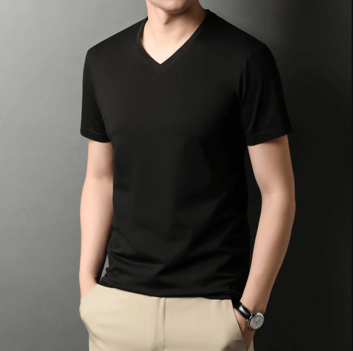 Slim Fit T-shirt męski z dekoltem w serek 1+1 GRATIS – Wygodne i odpowiednie na co dzień – Jonas-Czarny-S-Trend Polska