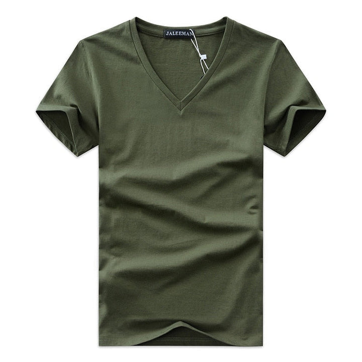 Slim Fit T-shirt męski z dekoltem w serek 1+1 GRATIS – Wygodne i odpowiednie na co dzień – Jonas-Zielony wojskowy-S-Trend Polska