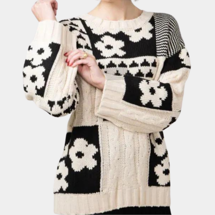 Spadający Dzianinowy Sweter Damski z Wzorem Kwiatowym - Lilou-XS-Trend Polska