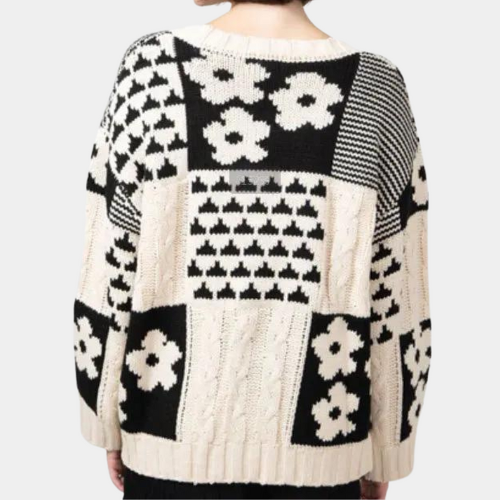 Spadający Dzianinowy Sweter Damski z Wzorem Kwiatowym - Lilou-XS-Trend Polska