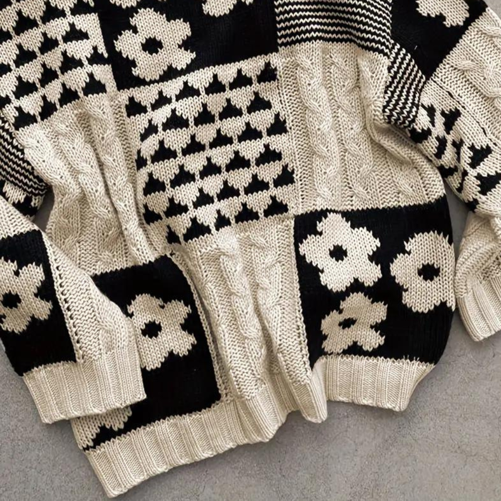 Spadający Dzianinowy Sweter Damski z Wzorem Kwiatowym - Lilou-XS-Trend Polska