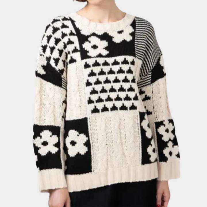 Spadający Dzianinowy Sweter Damski z Wzorem Kwiatowym - Lilou-XS-Trend Polska