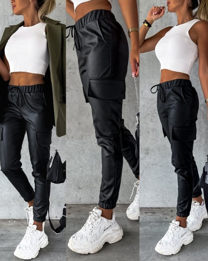 Spodnie cargo z imitacji skóry dla kobiet - Jade-S-Trend Polska