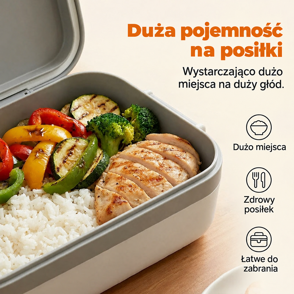 Elektryczny, bezprzewodowy lunchbox z funkcją samonagrzewania i wkładem ze stali nierdzewnej