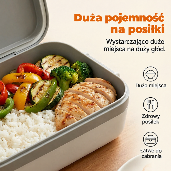 Elektryczny, bezprzewodowy lunchbox z funkcją samonagrzewania i wkładem ze stali nierdzewnej