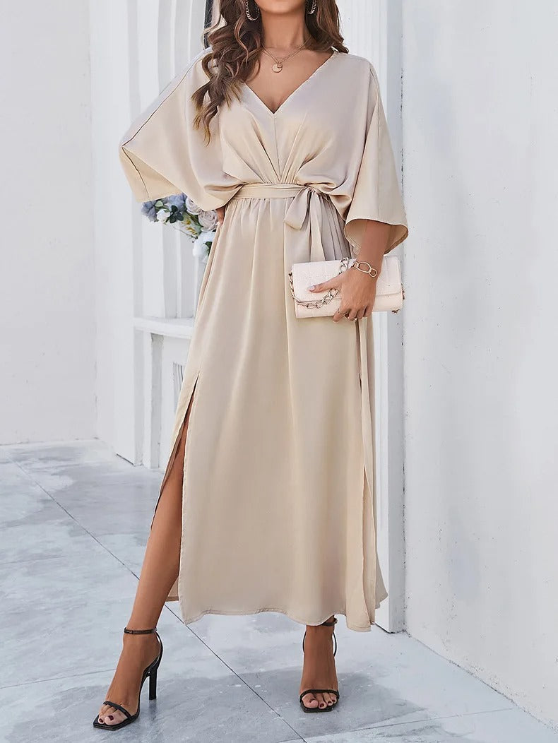 SpringFinesse - Sukienka wiosenna z dekoltem V-Szampan-XS-Trend Polska