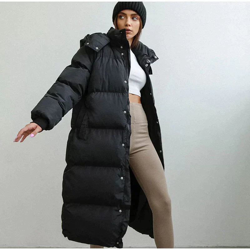 Stylowa Długa Kurtka Puchowa Damska - Elise-Czarny-XS-Trend Polska