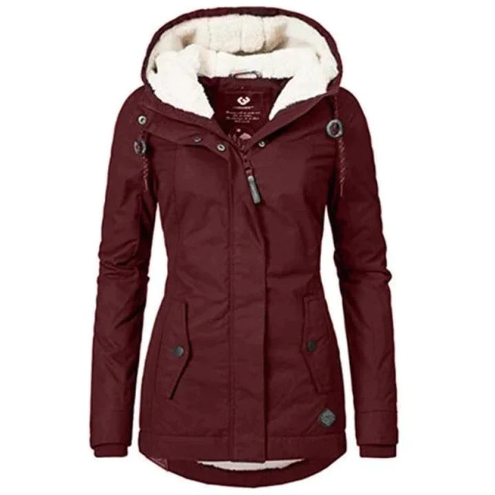 Stylowa Długa Zimowa Kurtka Damska - Lina-Bordeaux czerwień-S-Trend Polska