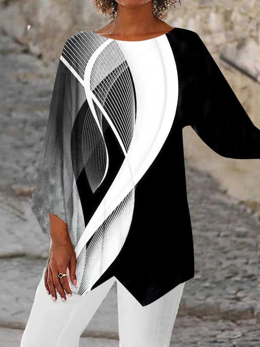 Stylowa geometryczna tunika z długimi rękawami - Aurora-Czarny i Biały-S-Trend Polska