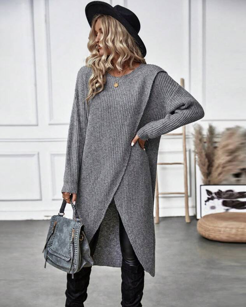 Stylowa jednolita sukienka swetrowa - Lina-Szary-S-Trend Polska
