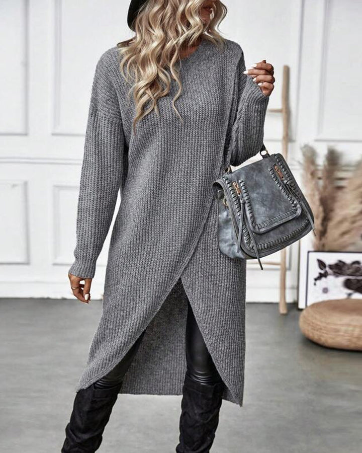 Stylowa jednolita sukienka swetrowa - Lina-Szary-S-Trend Polska
