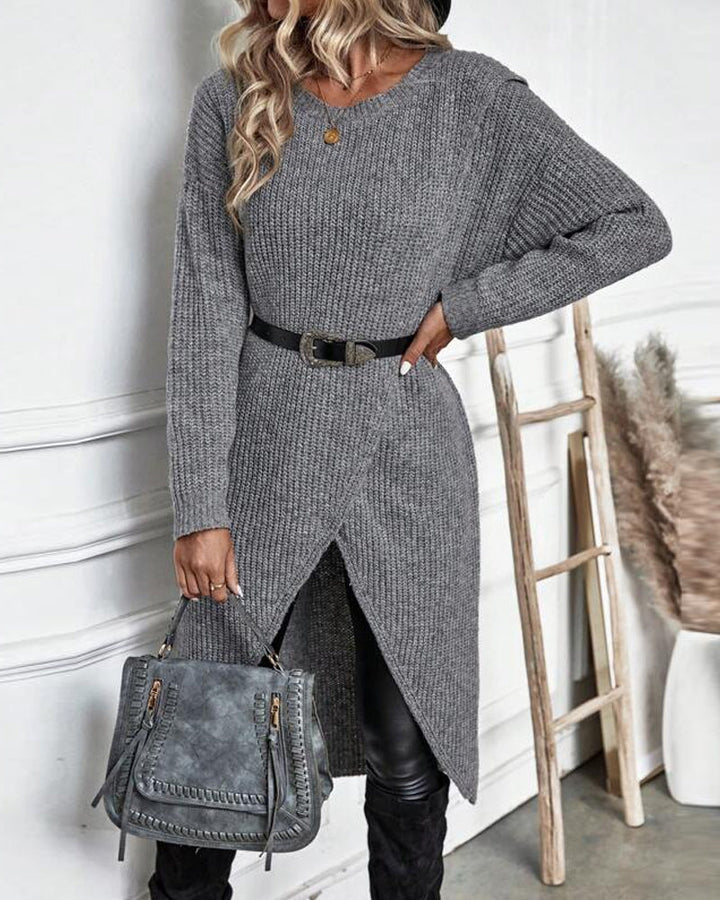Stylowa jednolita sukienka swetrowa - Lina-Szary-S-Trend Polska