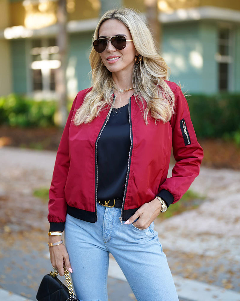 Stylowa kurtka bomber damska - Rhea-Bordeaux czerwień-S-Trend Polska