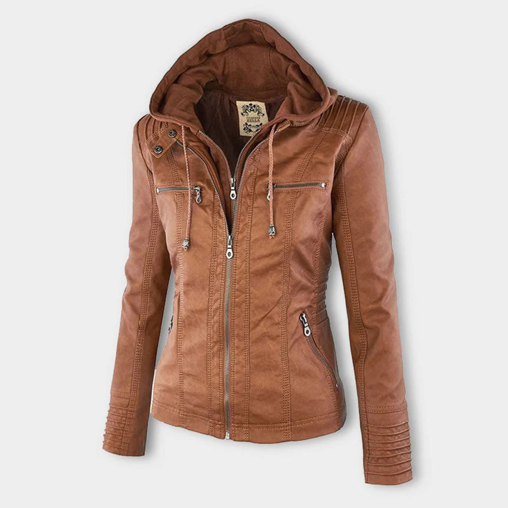 Stylowa skórzana letnia kurtka dla kobiet - Elara-Khaki-S-Trend Polska