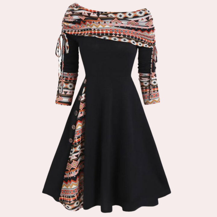 Stylowa sukienka A-line z akcentowym nadrukiem - Elara-Czarny-XS-Trend Polska