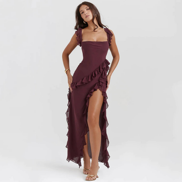 Stylowa sukienka maxi dla kobiet z falbanami i chiffonem na lato – Amira-Bordowy-S-Trend Polska