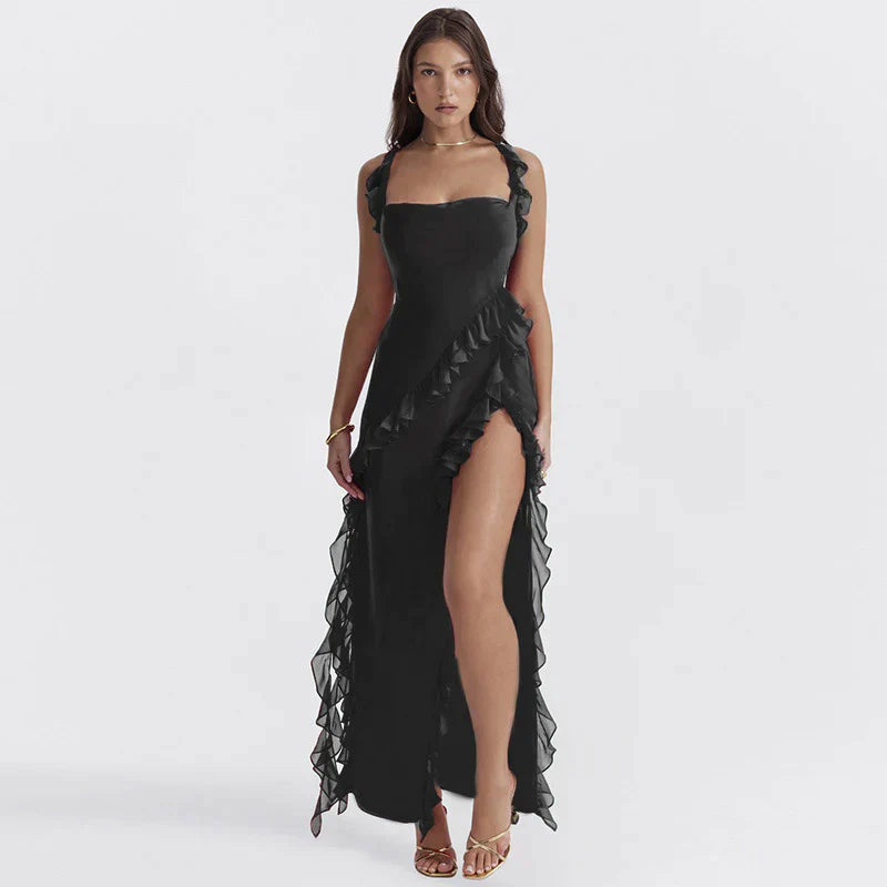 Stylowa sukienka maxi dla kobiet z falbanami i chiffonem na lato – Amira-Czarny-S-Trend Polska
