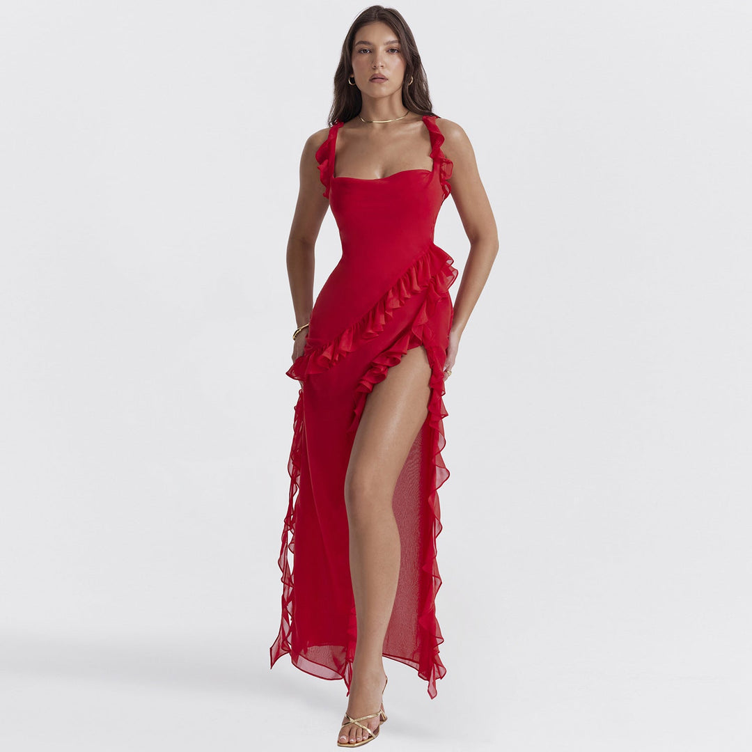 Stylowa sukienka maxi dla kobiet z falbanami i chiffonem na lato – Amira-Czerwony-S-Trend Polska