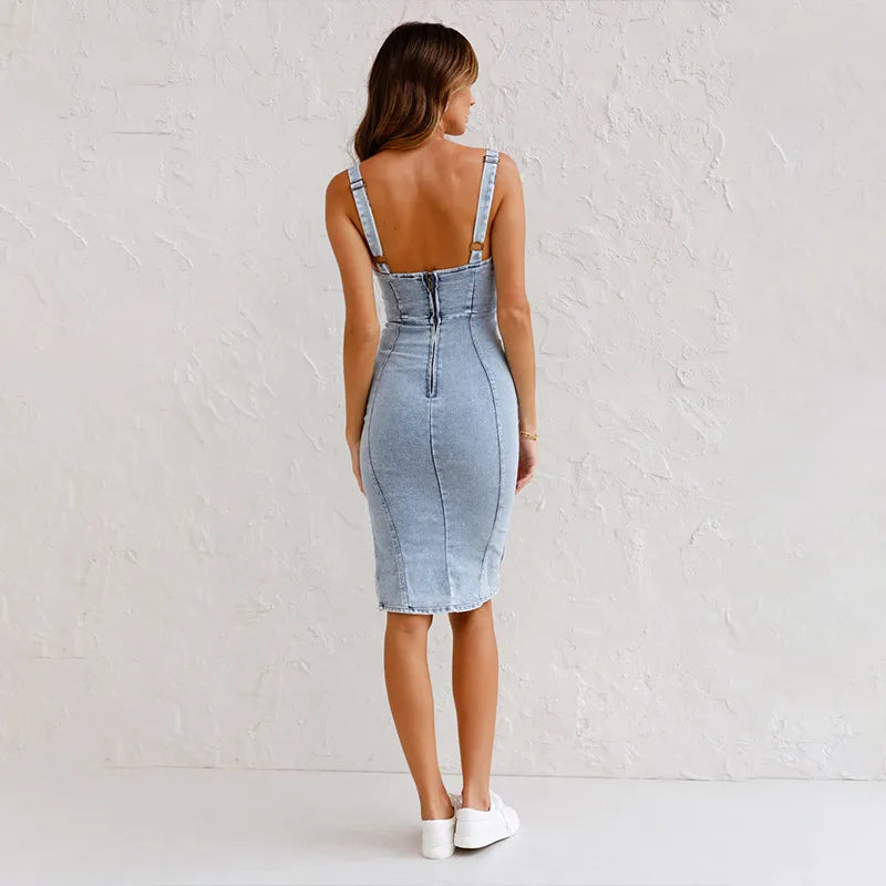 Stylowa sukienka midi z rozcięciem – Rike-Niebieski-S-Trend Polska