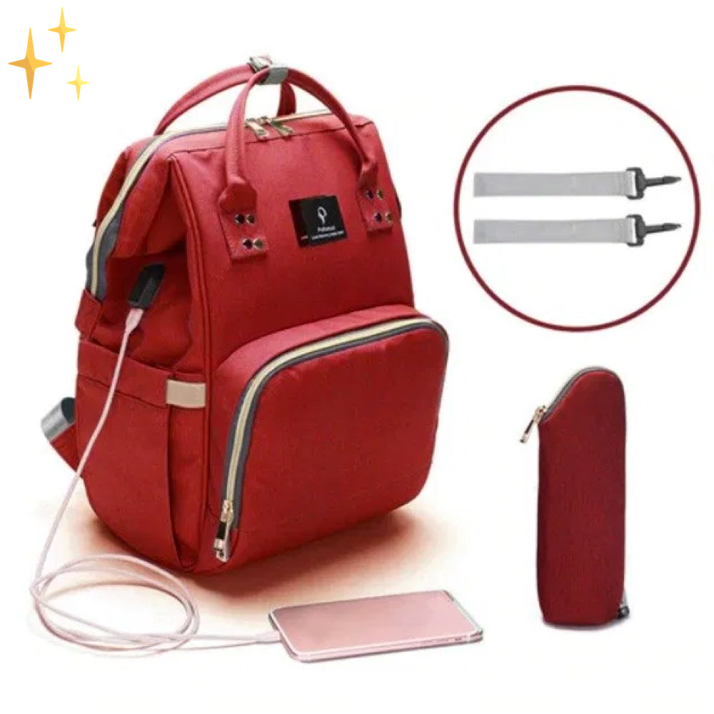 Stylowa torba na pieluchy z funkcją plecaka i ładowarką USB – ParentPack-Czerwony-Trend Polska