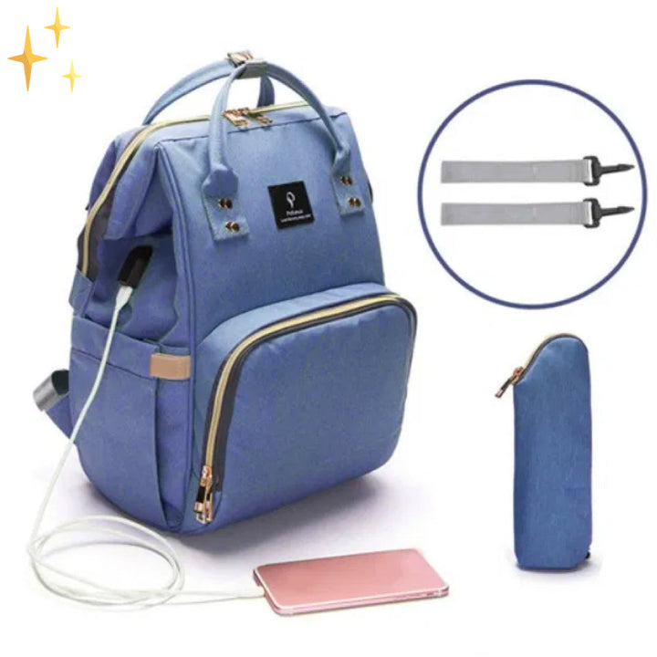 Stylowa torba na pieluchy z funkcją plecaka i ładowarką USB – ParentPack-Niebieski-Trend Polska