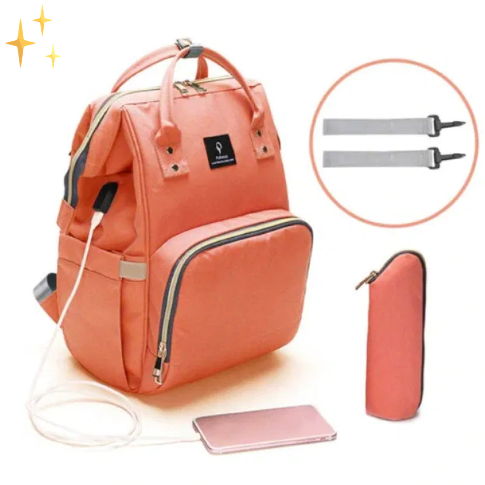 Stylowa torba na pieluchy z funkcją plecaka i ładowarką USB – ParentPack-Pomarańczowy-Trend Polska