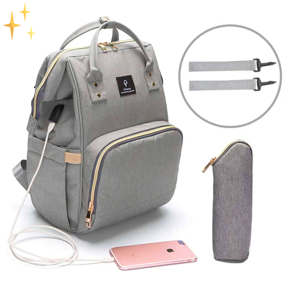 Stylowa torba na pieluchy z funkcją plecaka i ładowarką USB – ParentPack-Szary-Trend Polska