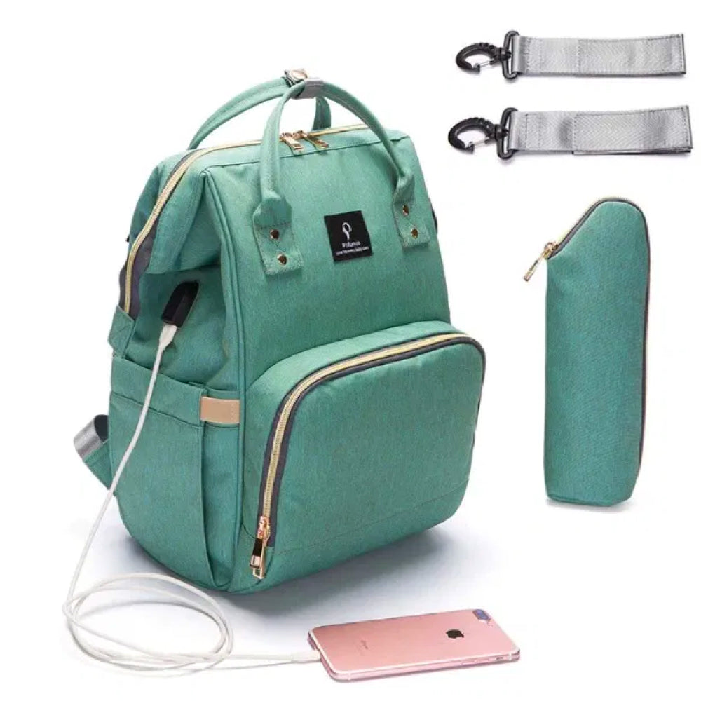 Stylowa torba na pieluchy z funkcją plecaka i ładowarką USB – ParentPack-Zielony-Trend Polska