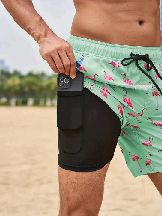 Stylowe Męskie Szorty Pływackie | AquaLux Szorty Pływackie z Wewnętrzną Podszewką i Kieszenią na Telefon-Mint Flamingo-M-Trend Polska