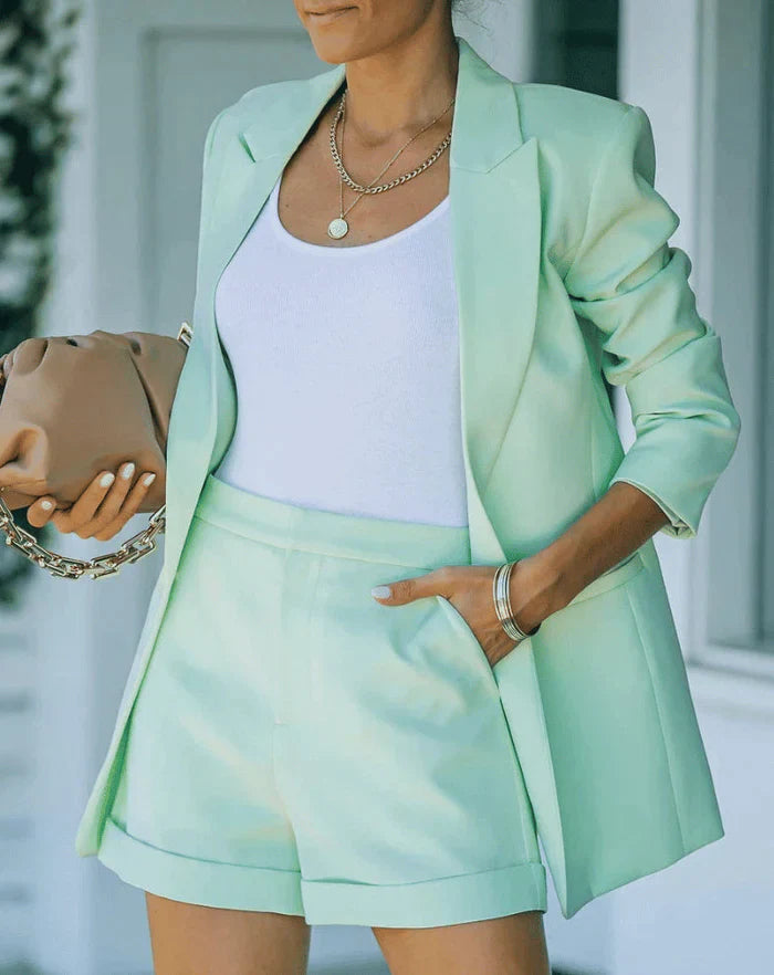 Stylowy blazer z szortami – Uniwersalny i elegancki – Larissa-Zielony-S-Trend Polska