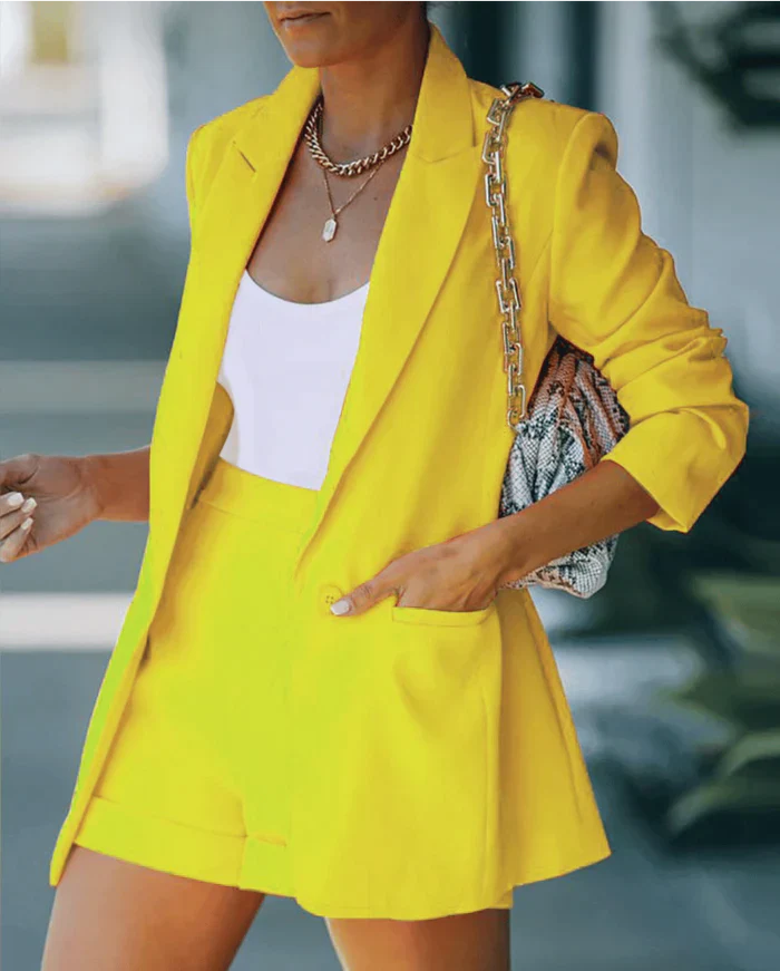 Stylowy blazer z szortami – Uniwersalny i elegancki – Larissa-Żółty-S-Trend Polska