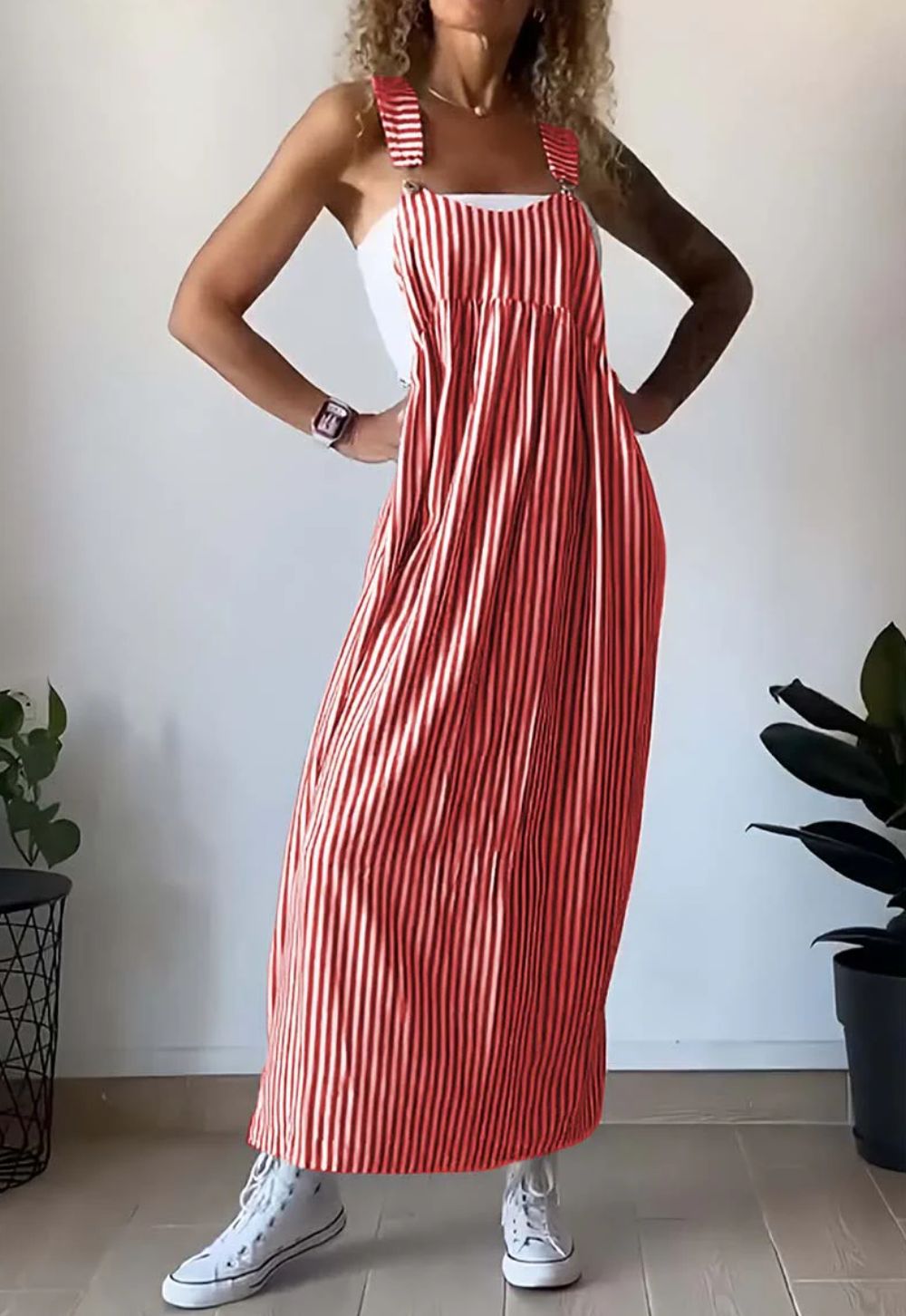 Stylowy casualowy kombinezon w paski z wygodnym krojem – Liana-Czerwony-S-Trend Polska