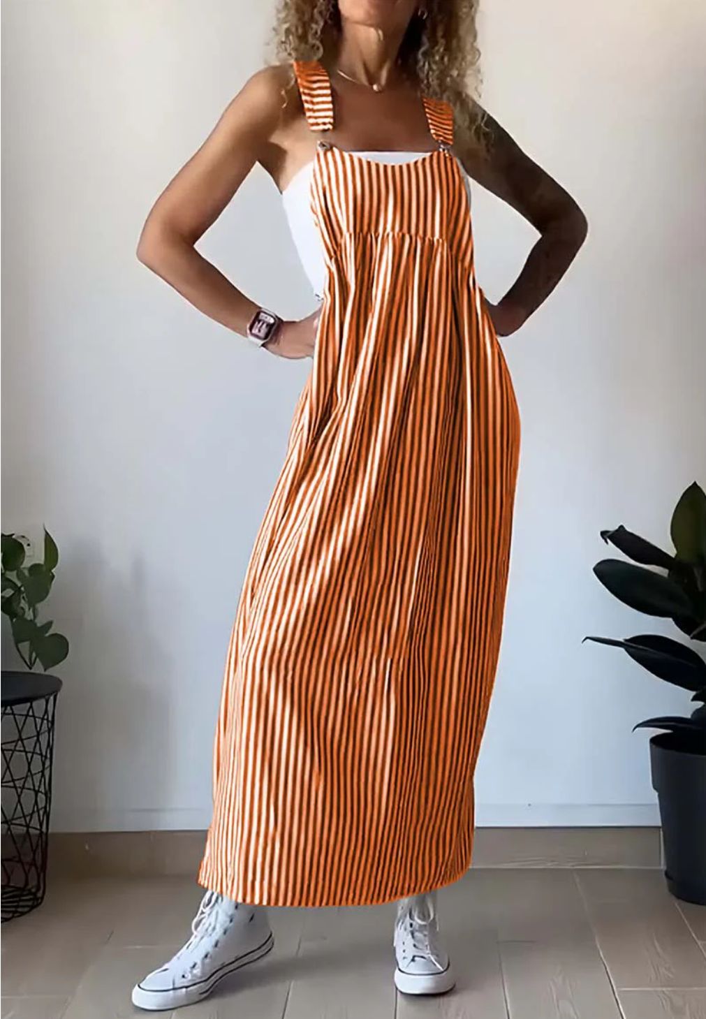 Stylowy casualowy kombinezon w paski z wygodnym krojem – Liana-Pomarańczowy-S-Trend Polska