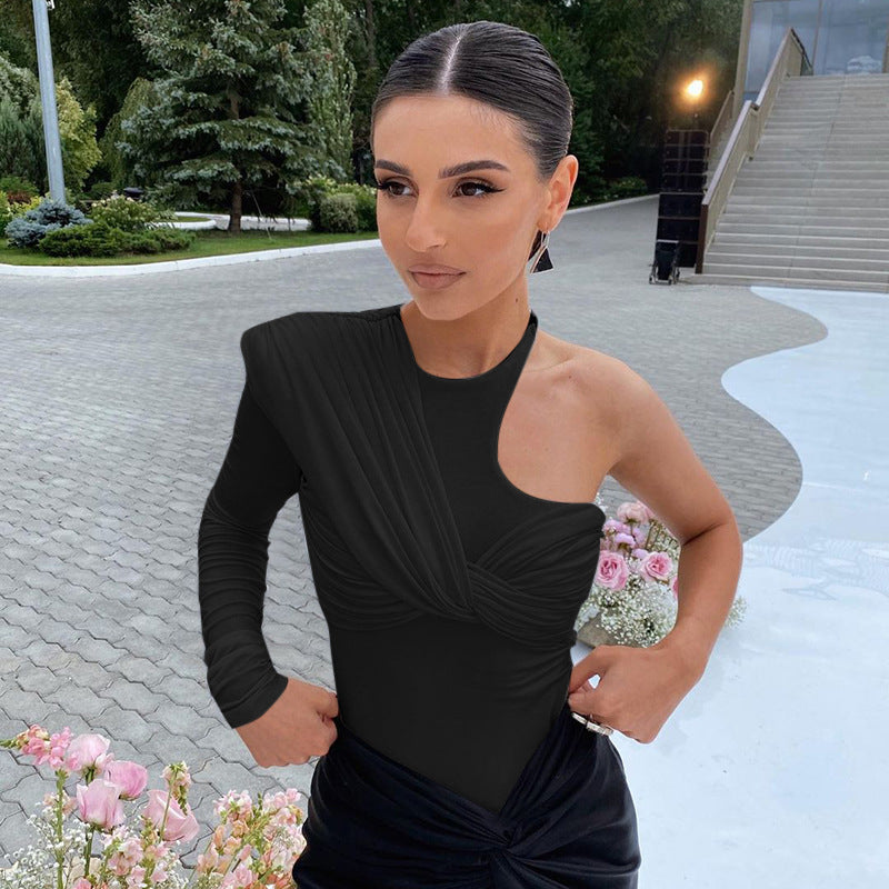 Stylowy damski body z długim rękawem z efektem drapowania i dopasowanym krojem – Mira-Biały-S-Trend Polska