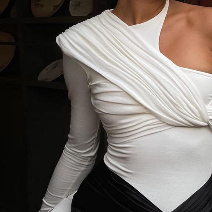 Stylowy damski body z długim rękawem z efektem drapowania i dopasowanym krojem – Mira-Biały-S-Trend Polska