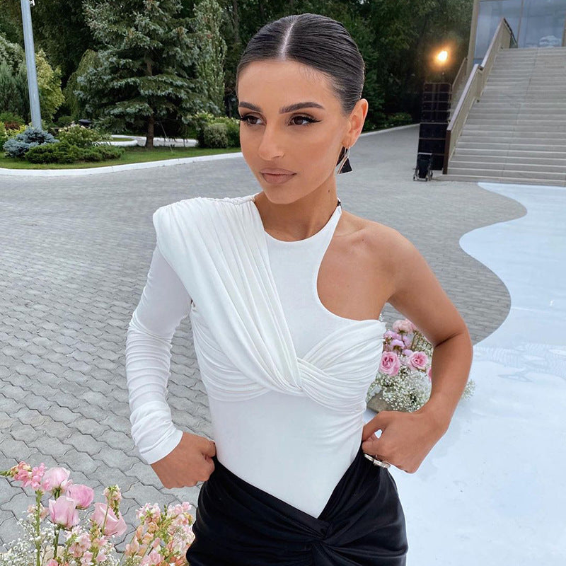 Stylowy damski body z długim rękawem z efektem drapowania i dopasowanym krojem – Mira-Biały-S-Trend Polska