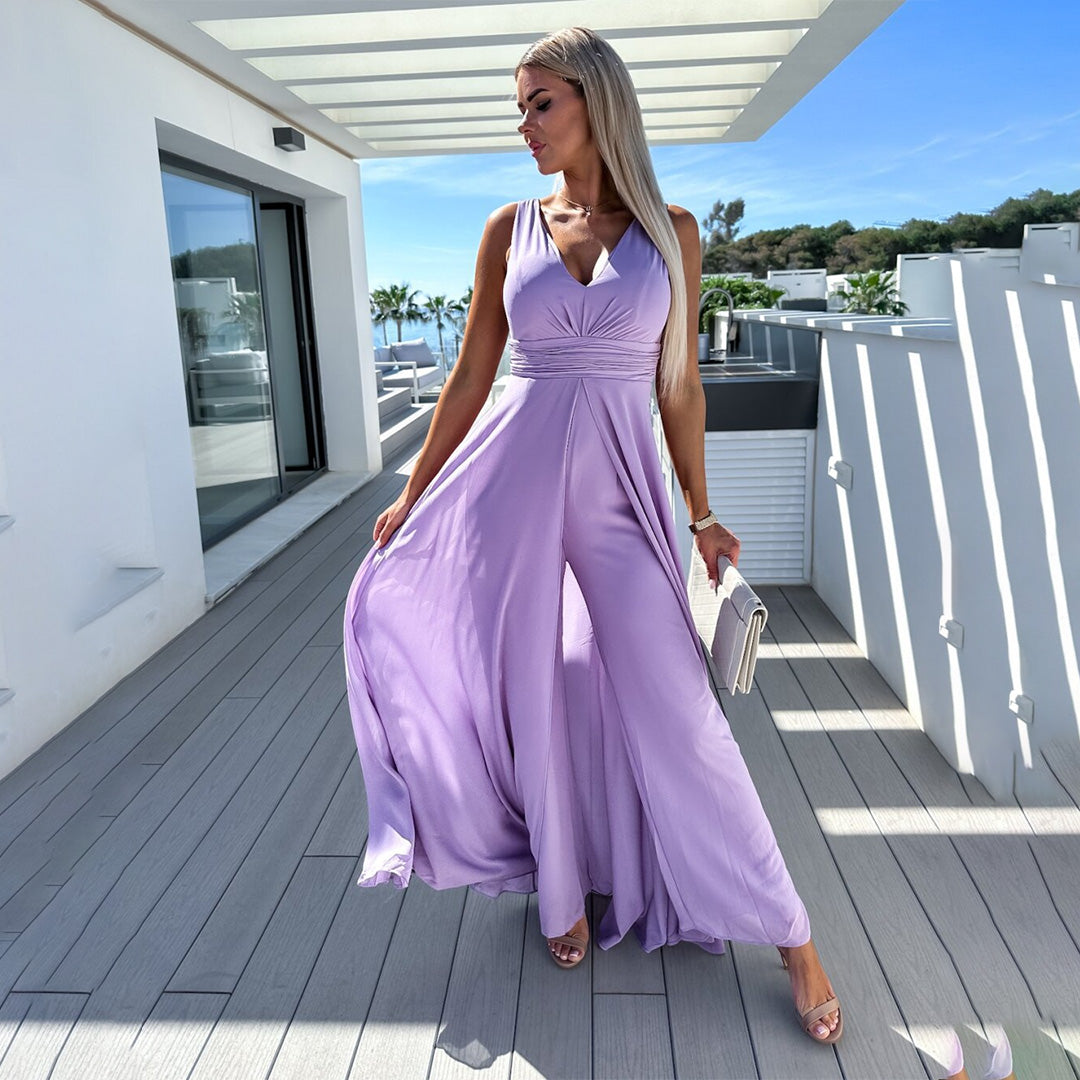 Stylowy festynowy kombinezon damski z wyglądem sukienki – Lorena-Liliowy-S-Trend Polska