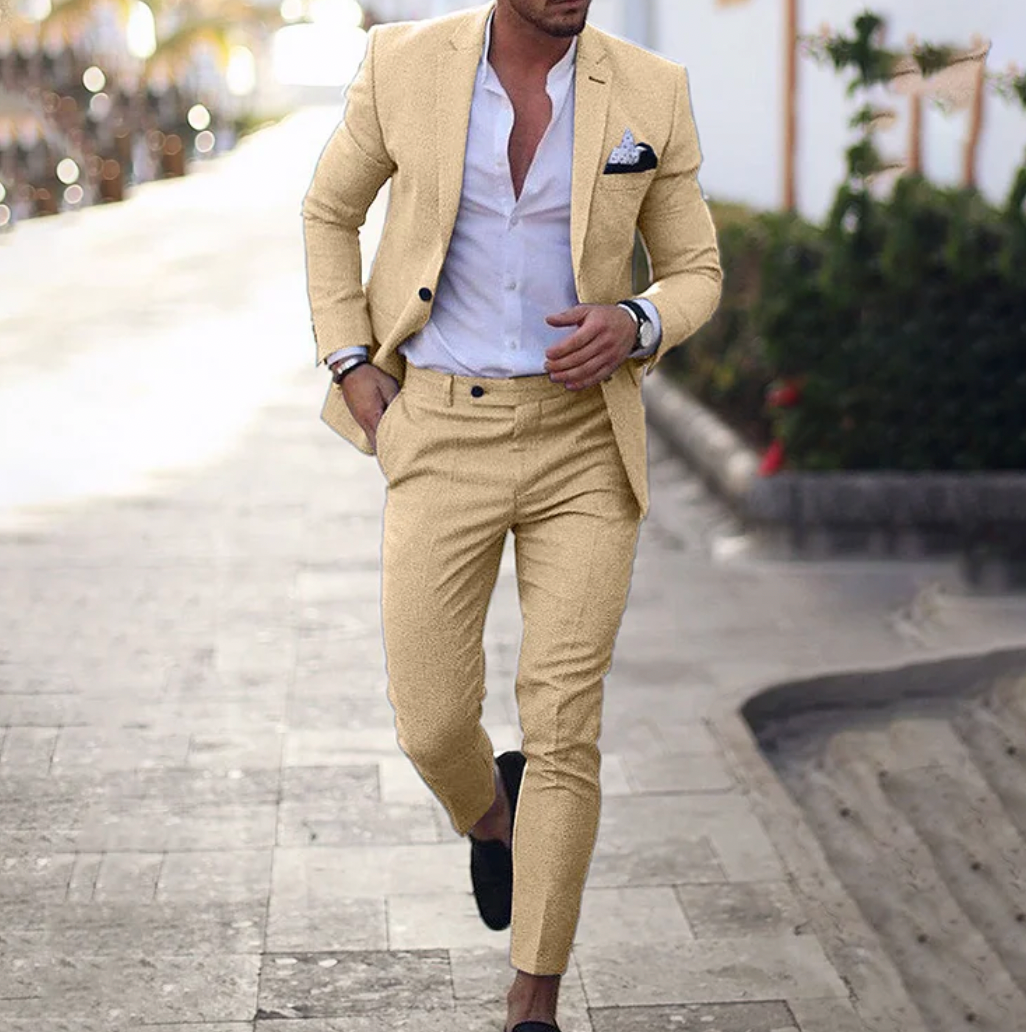 Stylowy garnitur męski - Lucas-Khaki-M-Trend Polska