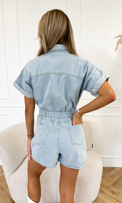 Stylowy krótki kombinezon denimowy z designem koszuli – Mila-Zielony-XS-Trend Polska