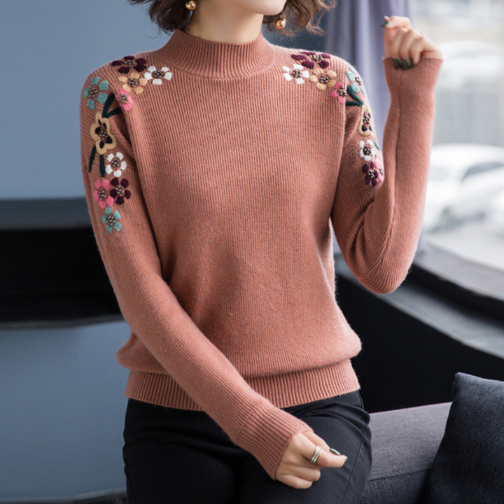 Stylowy sweter damski z kwiatowym nadrukiem - Isabeau-Brązowy-XS-Trend Polska