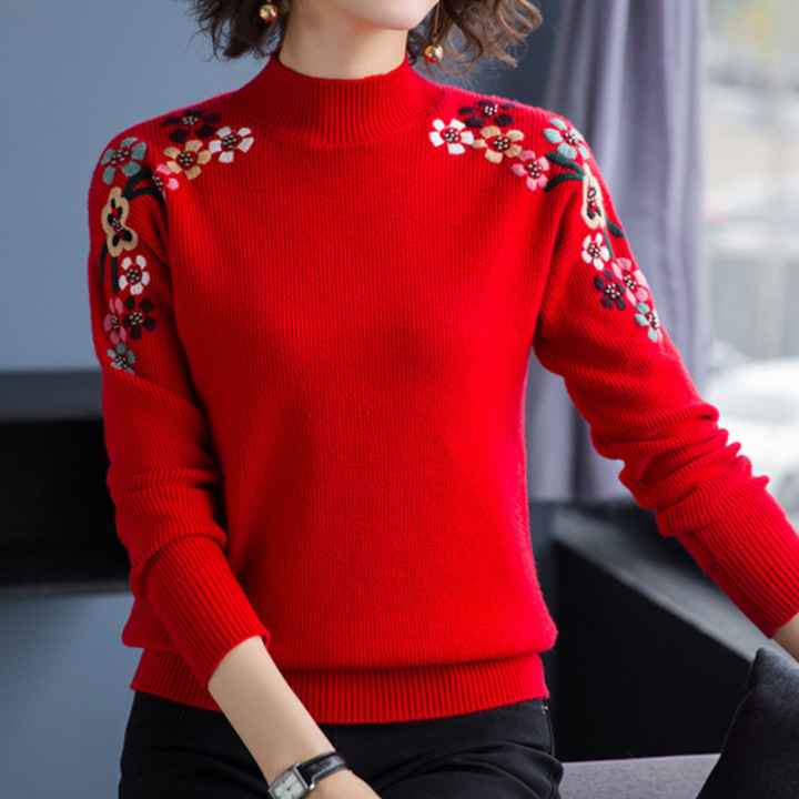 Stylowy sweter damski z kwiatowym nadrukiem - Isabeau-Czerwony-XS-Trend Polska