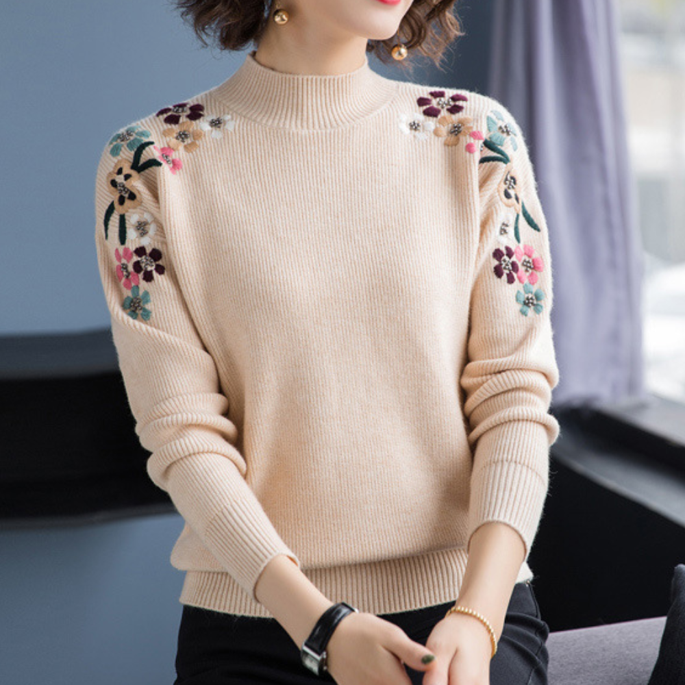 Stylowy sweter damski z kwiatowym nadrukiem - Isabeau-Khaki-XS-Trend Polska
