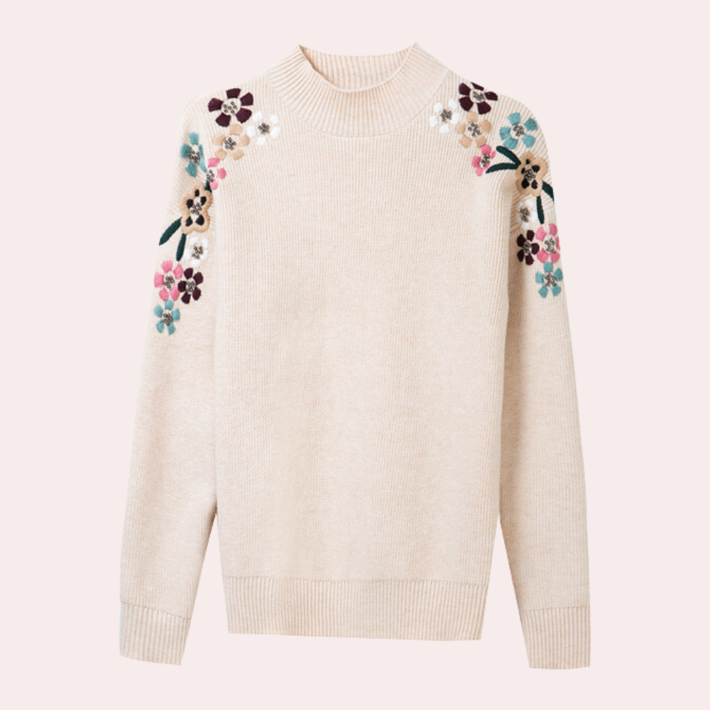 Stylowy sweter damski z kwiatowym nadrukiem - Isabeau-Czerwony-XS-Trend Polska
