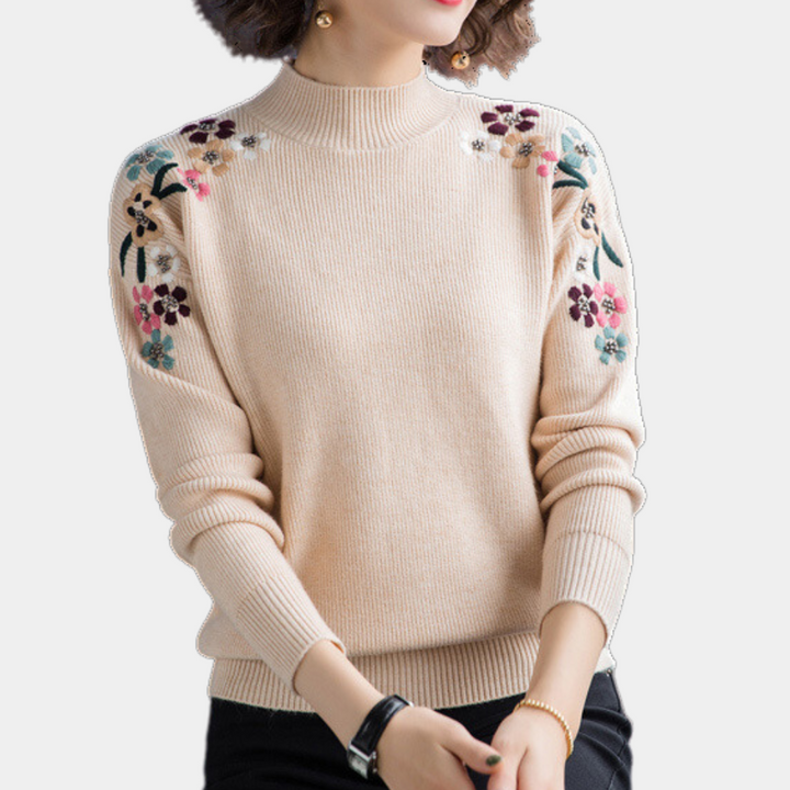 Stylowy sweter damski z kwiatowym nadrukiem - Isabeau-Czerwony-XS-Trend Polska