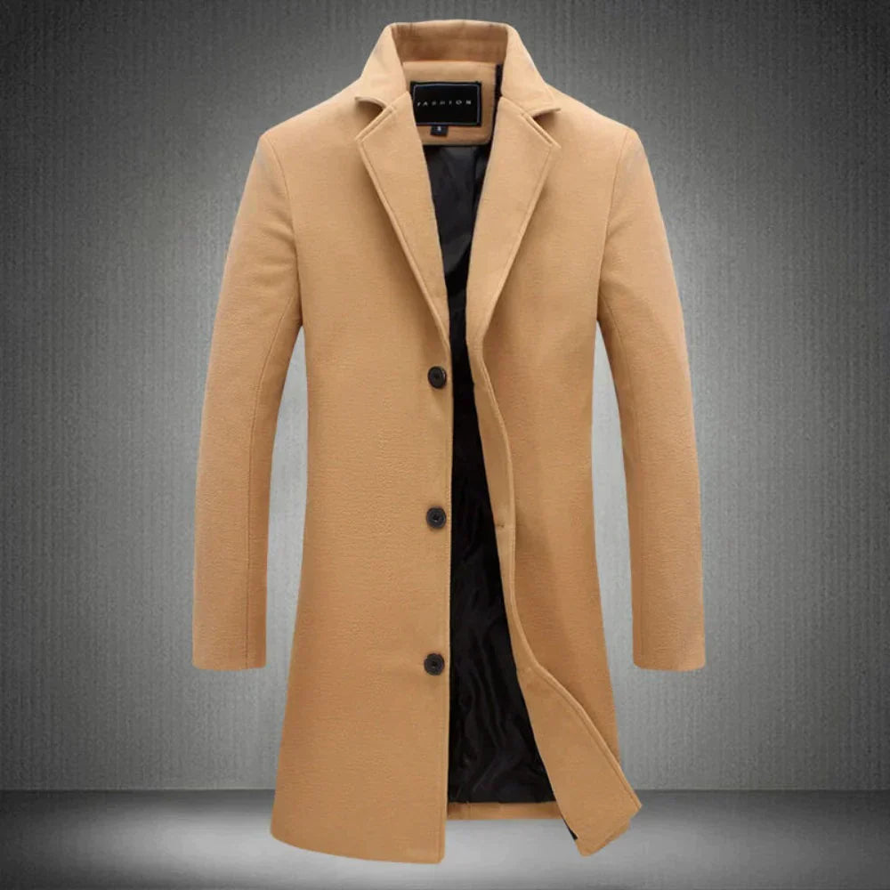Stylowy wełniany płaszcz męski - Maxwell-Khaki-2XS-Trend Polska