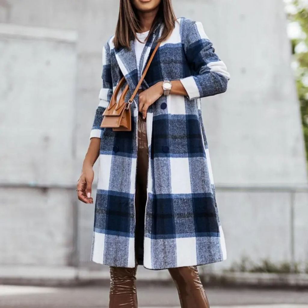 Stylowy Wełniany Płaszcz w Kratę dla Dams - Margot-Niebiesko-biały-S-Trend Polska