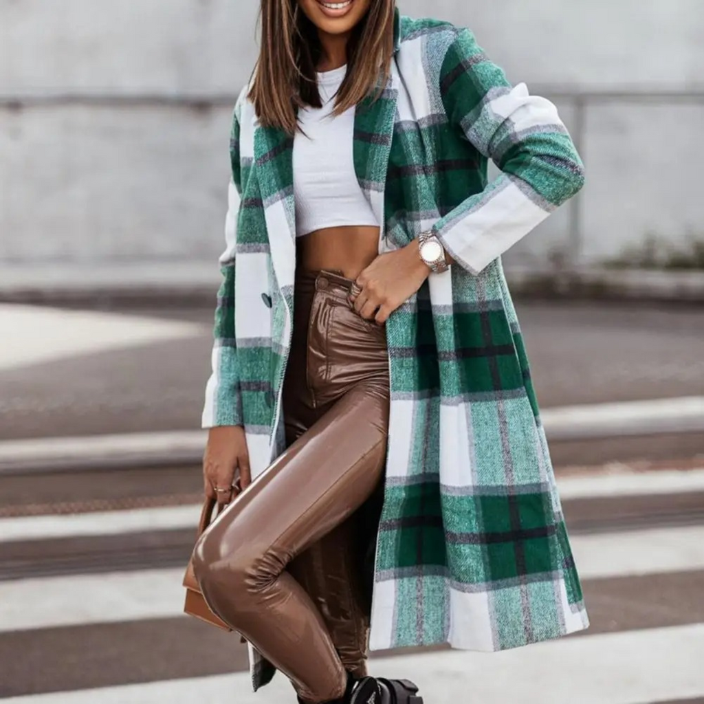 Stylowy Wełniany Płaszcz w Kratę dla Dams - Margot-Zielono-biały-S-Trend Polska