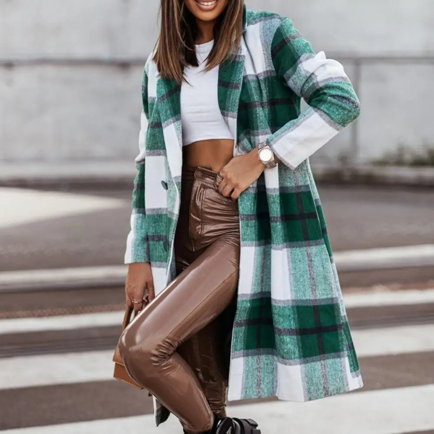 Stylowy Wełniany Płaszcz w Kratę dla Dams - Margot-Zielono-biały-S-Trend Polska